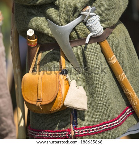 Clothing medieval reenactment, haversack and hatchet.