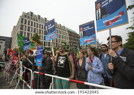 BERLIN, GERMANY - MAY 23, 2014: Activists rally against AfD is a centrist political party founded in 2013. Won 7 of Germany\'s 96 seats for European Parliament in May 2014 election.