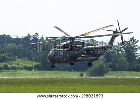 BERLIN, GERMANY - MAY 21, 2014: Sikorsky CH-53 Sea Stallion is the heavy-lift transport helicopter, demonstration during the International Aerospace Exhibition ILA Berlin Air Show.