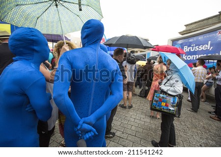 BERLIN, GERMANY - MAY 23, 2014: Activists rally in support of AfD (Alternative for Germany) - political party founded in 2013. Won 7 of Germany\'s 96 seats for European Parliament in May 2014 election.