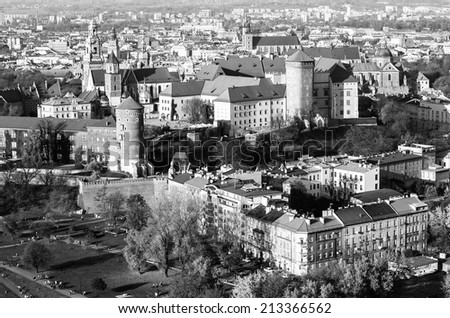 Royal Wawel castle with park in Krakow, Poland (black and white photo)