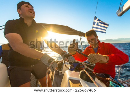 PATRAS, GREECE - OCT 2, 2014: Unidentified sailors participate in sailing regatta \
