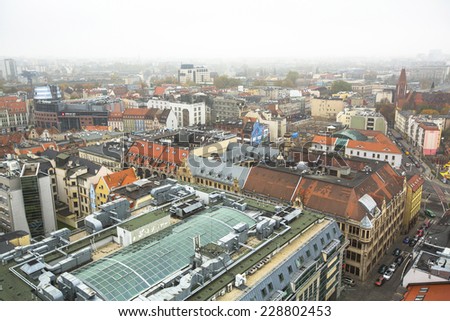 WROCLAW, POLAND - NOV 6: Top view of Wroclaw old town from the top of the tower of the church of Saint Elizabeth. Wroclaw is going to be European Capital of Culture in 2016.