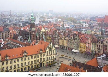 WROCLAW, POLAND - NOV 6: Top view of Wroclaw old town from the top of the tower of the church of Saint Elizabeth. Wroclaw is going to be European Capital of Culture in 2016.