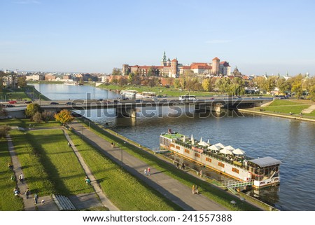 KRAKOW, POLAND - OCT 20, 2013: View of the Vistula River in the historic city center. Vistula is the longest river in Poland, at 1,047 kilometres in length.