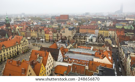 WROCLAW, POLAND - CIRCA NOV, 2014: Top view of Wroclaw old town from the top of the tower of the church of Saint Elizabeth. Wroclaw is going to be European Capital of Culture in 2016.