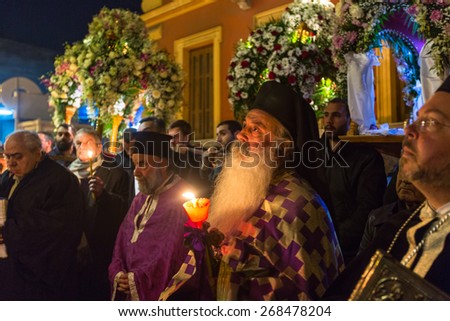 ATHENS, GREECE - APR 10, 2015: Unidentified people during the celebration of Orthodox Easter - Vespers on Great Friday (the Epitaphios in Greek served in Good Friday evening).