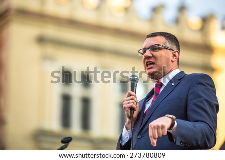 KRAKOW, POLAND - APR 29, 2015: Przemyslaw Wipler - Polish politician, member of Parliament of the VII convocation, during pre-election rally of Janusz Korwin - of presidential candidate of Poland.