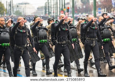ATHENS, GREECE - MAR 25, 2015: Soldiers of Greek army during Independence Day of Greece is an annual national holiday, on this day, Greeks pay tribute to the heroes of the Revolution 1821-1829.