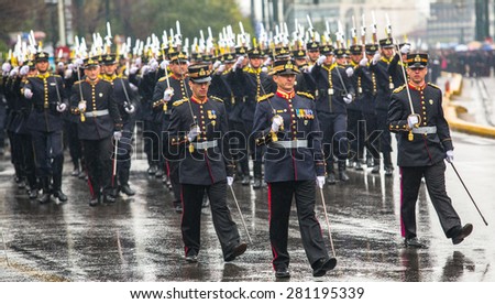 ATHENS, GREECE - MAR 25, 2015: Soldiers celebrate the Independence Day of Greece, annual national holiday, on this day Greeks pay tribute to the heroes of the Revolution 1821-1829.