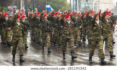 ATHENS, GREECE - MAR 25, 2015: Soldiers celebrate the Independence Day of Greece, annual national holiday, on this day Greeks pay tribute to the heroes of the Revolution 1821-1829.