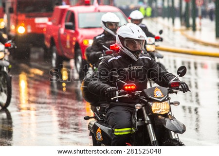 ATHENS, GREECE - MAR 25, 2015: Unidentified participants and military equipment during Military parade at national holiday - Day of National Revival Greece or Independence Day of Greece.