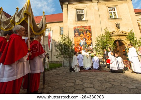 KRAKOW, POLAND - JUN 4, 2015: During the celebration the Feast of Corpus Christi (Body of Christ) also known as Corpus Domini, is a Latin Rite celebrating belief in the body and blood of Jesus Christ.