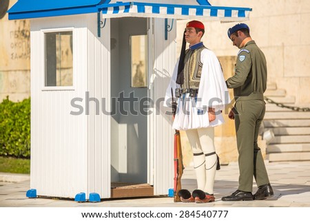 ATHENS, GREECE - CIRCA APR, 2015: Greek soldiers Evzones dressed in full dress uniform, refers to the members of the Presidential Guard, an elite ceremonial unit, active from 1833 to present.