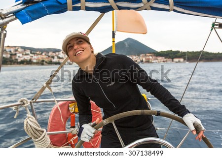 ZAKYNTHOS - PYLOS, GREECE - OCT 5, 2014: Unidentified sailors participate in sailing regatta 12th Ellada Autumn-2014 on Aegean Sea.