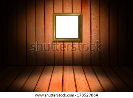 Picture frame gold wood frame in white background.,Picture gold frame and wooden interior room corner for background.