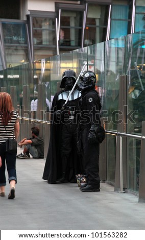 LAS VEGAS, USA - APRIL 25: Darth Vader and Storm Trooper impressionists in Las Vegas. 4th May is International Star Wars day. Word play on film quote: May the Fourth [force] be with you. 25 April 2012