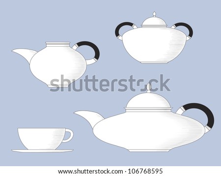 Black and white line drawing of antique style tea set, with teapot, cup & saucer, milk jug and sugar bowl. Also available in vector format