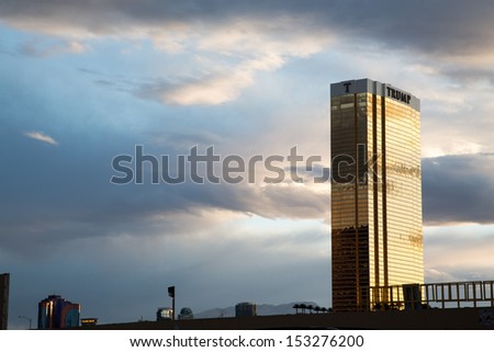 Las Vegas - April 17: The Trump hotel Las Vegas, at dusk. This 64 story hotel-condominium has exterior windows coated in 24 carat gold. On April 17 2013 in Las Vegas USA