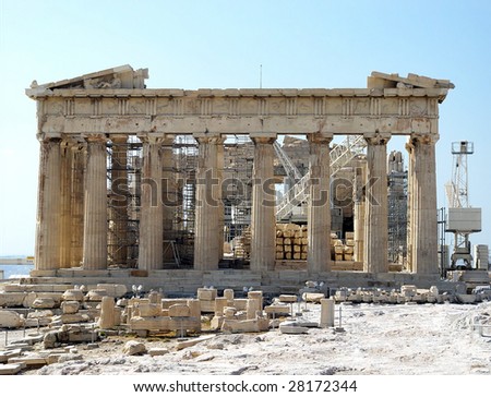 Front facade of the Parthenon, Acropolis, Athens showing ongoing restoration work