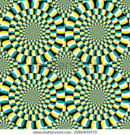 Optical illusion vector. Circular design in yellow, green black and white. Concentric circles that trick the eye into seeing rotaing movement. EPS10 vector format.