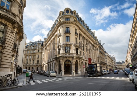 PARIS, FRANCE - March 2, 2015: Typical architecture of the famous Rue La Fayette in central Paris on an early spring day. March 2nd 2015 in Paris