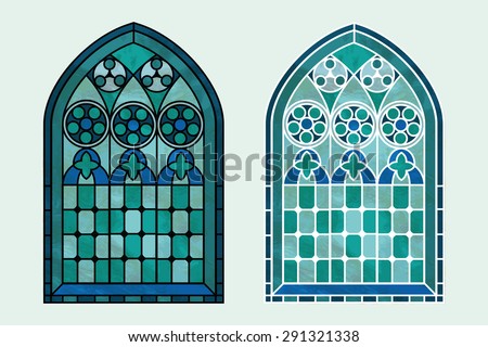 A Gothic Style stained glass window in cool tones of blue, green and turquoise. Two options with black or white outline. EPS10 vector format