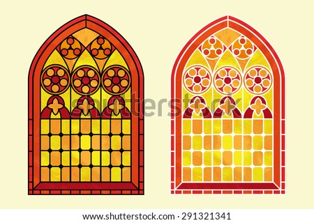 A Gothic Style stained glass window in warm tones of red, orange and yellow. Two options with black or white outline. EPS10 vector format