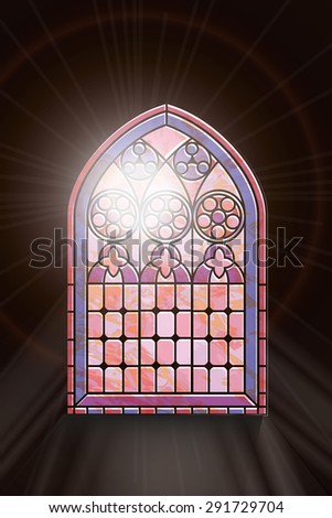 A Gothic Style stained glass window with sunlight shining through. EPS10 vector format