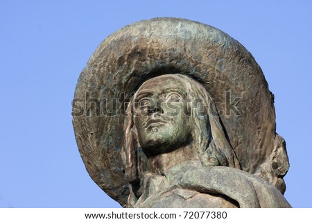 Closeup portrait of D\'Artagnan. The statue is located in Auch (Gascony).