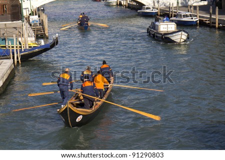 VENICE, ITALY - NOVEMBER 23:  Unidentified teams of rowers train for the Regata Storica, the main event in the annual rowing calendar, on November 23, 2011 in Venice, Italy.