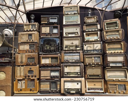 AURILLAC, FRANCE, AUGUST 21: you can see a wall of retro radio sets in the street as part of the Aurillac international Street Theater Festival, on august 21, 2014 in Aurillac, France.
