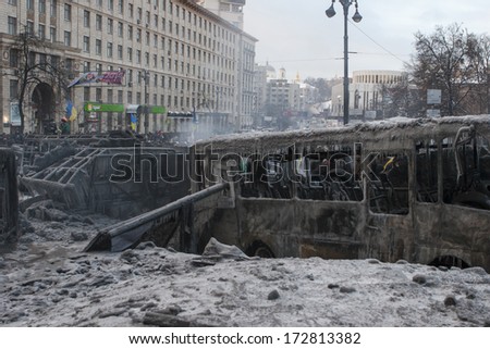 KIEV, UKRAINE - January 23, 2014: The morning after the violent confrontation,the fire and anti-government protests on the Hrushevskoho Street on January 23, 2014 in Kiev, Ukraine