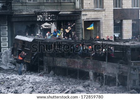 KIEV, UKRAINE - January 23, 2014: The morning after the violent confrontation,the fire and anti-government protests on the Hrushevskoho Street on January 23, 2014 in Kiev, Ukraine
