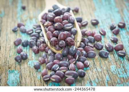 Dried red beans on a wooden spoon with a shallow depth of field.
