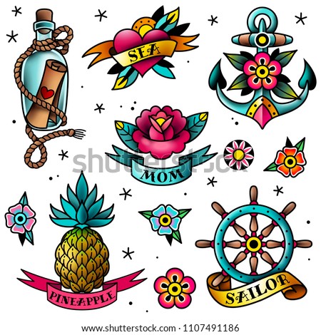 Old tattooing school colored icons set with message in a bottle pineapple helm rose flowers ribbons with inscriptions anchor heart nautical knot symbols isolated vector illustration