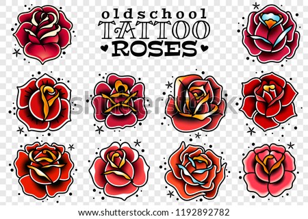 Old tattooing school colored icons set with roses symbols isolated vector illustration