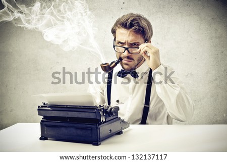 Writer Smokes A Pipe And Writes With Typewriter Stock Photo 132137117 ...