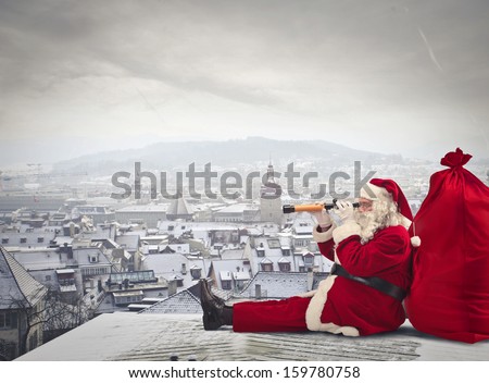 Santa Claus sitting over the city looking through spyglass