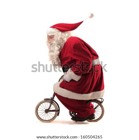 Similar – Image, Stock Photo Santa Claus riding bicycle along mountain road