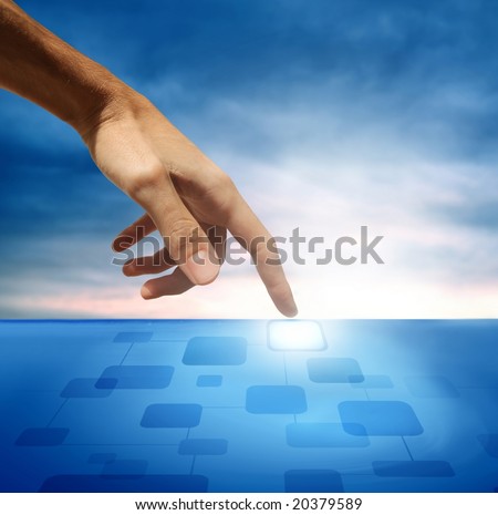 Hand touching a solutions button on a futuristic computer interface