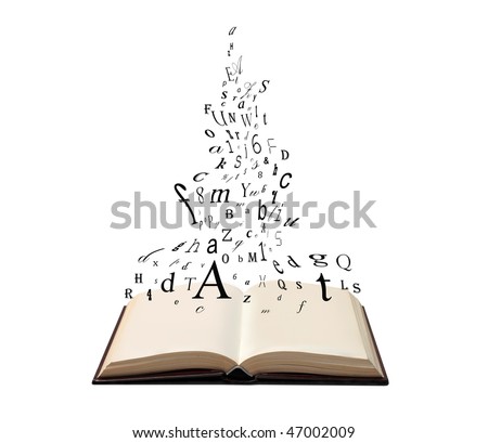 Illustration of an open book with plenty of letters and symbols flying out of it