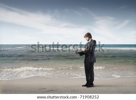 Businessman using a laptop at the seaside