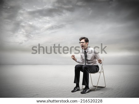 Isolated worker sitting on a chair trying to shout