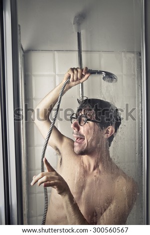 Weird man taking a shower