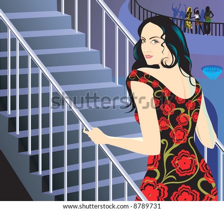 Illustration of a lady stepping through upstairs to a party place