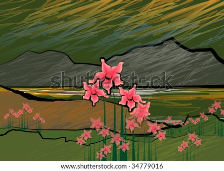 Digital painting of flowers in a landscape