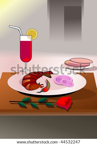 Illustration of plate with fish food and wine glass