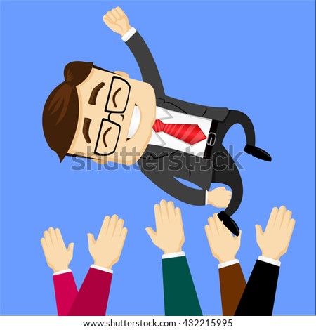 Manager character throw up. Success. businessman being thrown in the air. Flat design illustration. 