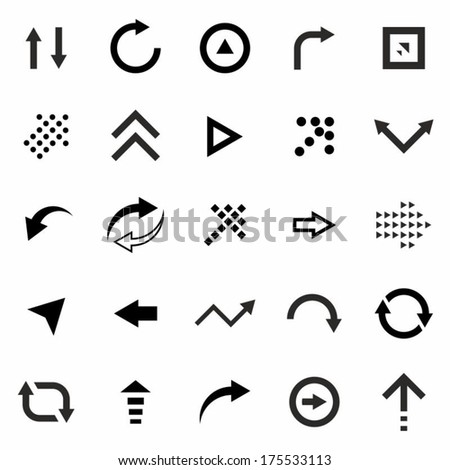 Arrows Icons Set: right, right, left. up, down, around, pixel, back and forth, pointer, navigation. Vector Illustration